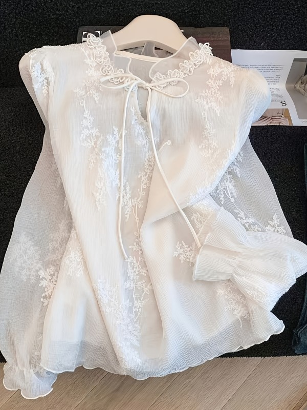 Women's French Lace Embroidered Blouse Chiffon Shirt - Semi-Sheer Ruffle Collar Top with Stand Collar, Machine Washable Spring Summer Blouse Shirt Suitable for Office, Wedding, Brunch, Casual Wear