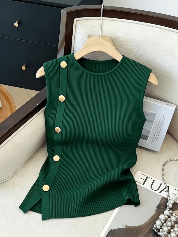 Women's Sleeveless Top with Metallic Button Accents, Simple and Elegant, Suitable for Commuting, Business Casual, and Office Wear. Perfect for Parties, New Year Gatherings, St. Patrick's Day, Easter, Summer Parties, Beach Vacations, Summer Outings