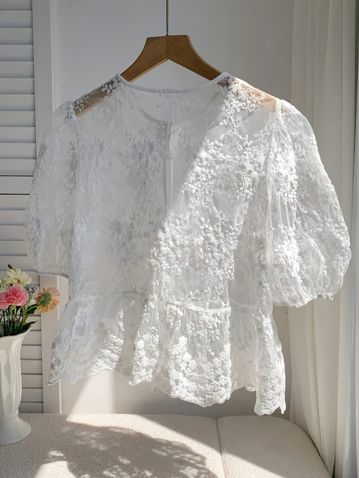 Women's Embroidered Blouse Elegant Party Women's Blouse - Girly Style Pretty Top - White Cut-Out Embroidered Shirt - Sheer Front Open Placket Round Neck Bow Tie Lacing Short Sleeve Top - Beautiful Youthful Fashionable Casual Shirt