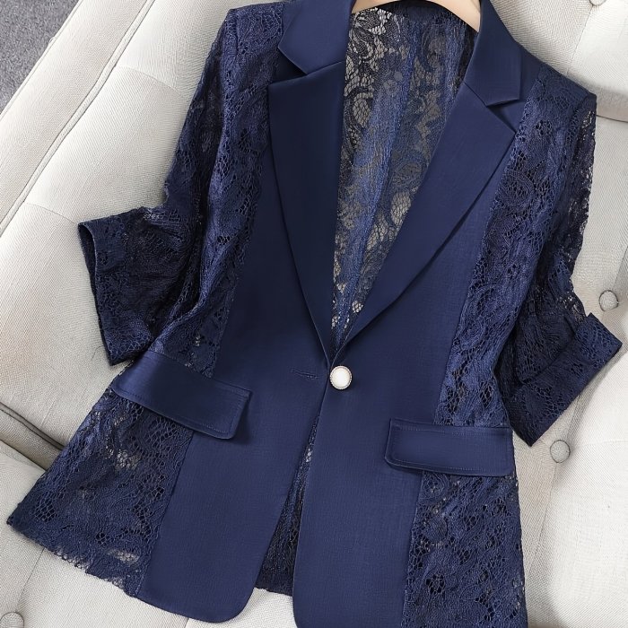 Women's Blazer, Thin Patchwork Lace Lightweight, Casual Office Wear, 3\u002F4 Sleeve