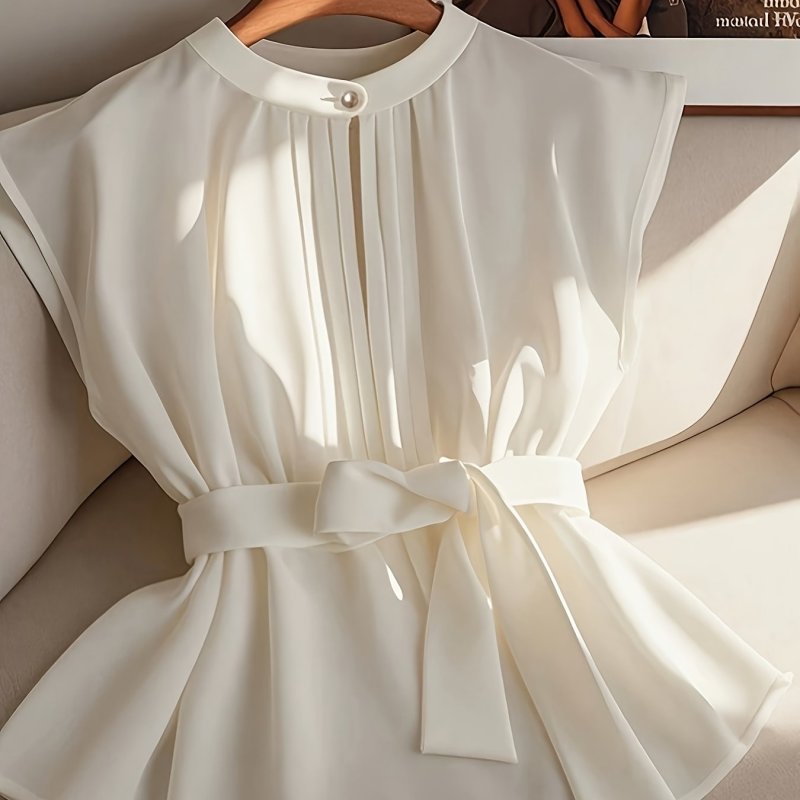 Women'S Summer Sleeveless Ruffled Tie-Detail Casual Commuter Shirt