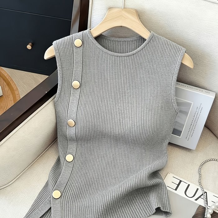 Women's Sleeveless Top with Metallic Button Accents, Simple and Elegant, Suitable for Commuting, Business Casual, and Office Wear. Perfect for Parties, New Year Gatherings, St. Patrick's Day, Easter, Summer Parties, Beach Vacations, Summer Outings