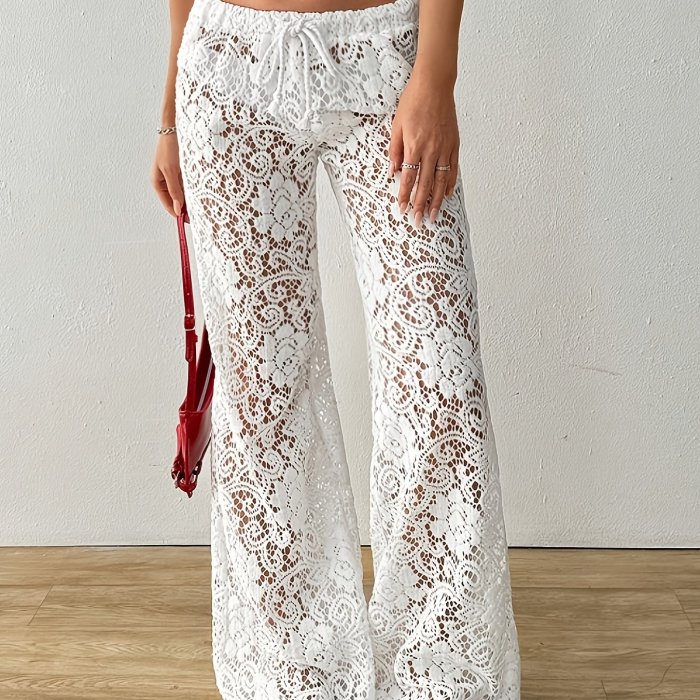 Wilderness Orienteering\u002FVacation Style Textured Lace Hollow Loose Solid Color Casual Pants\u002FHot Sexy High Waist Versatile Straight Leg Long Pants