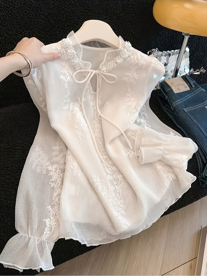 Women's French Lace Embroidered Blouse Chiffon Shirt - Semi-Sheer Ruffle Collar Top with Stand Collar, Machine Washable Spring Summer Blouse Shirt Suitable for Office, Wedding, Brunch, Casual Wear
