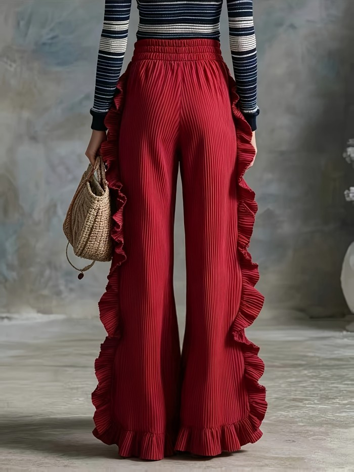 Burgundy Ruffled Wide-Leg Pants, Halloween\u002FChristmas New Arrival, High-Waist Loose Drapey Trousers