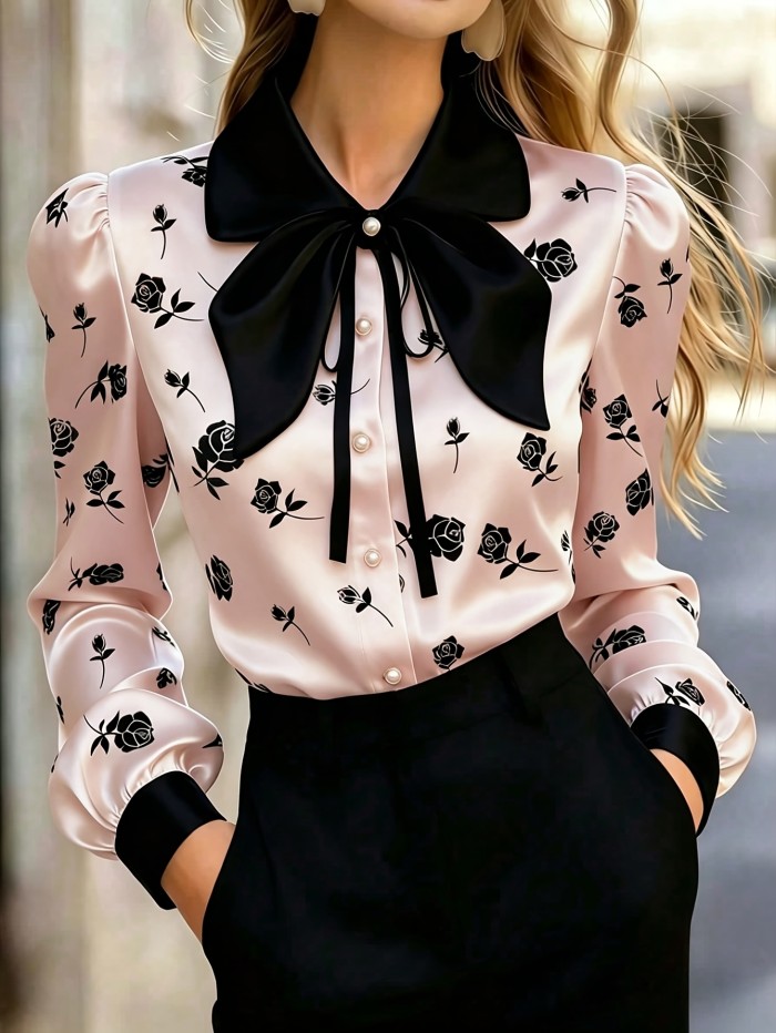 Women's Satin Rose-print Top, Long-sleeve Button-up Shirt with Bow Collar