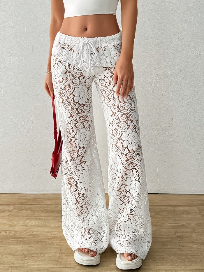 Wilderness Orienteering\u002FVacation Style Textured Lace Hollow Loose Solid Color Casual Pants\u002FHot Sexy High Waist Versatile Straight Leg Long Pants