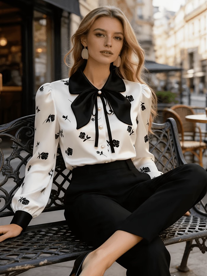 Women's Satin Rose-print Top, Long-sleeve Button-up Shirt with Bow Collar