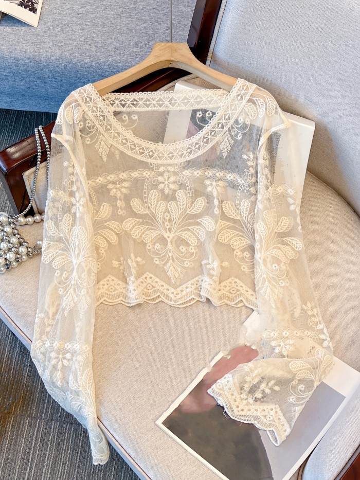 Long Sleeve Short Sheer Sexy Top Women'S Spring Autumn Short Outerwear Hollow Out Cover-Up Top
