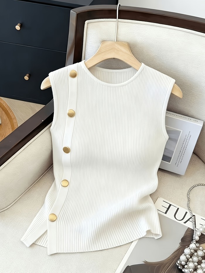 Women's Sleeveless Top with Metallic Button Accents, Simple and Elegant, Suitable for Commuting, Business Casual, and Office Wear. Perfect for Parties, New Year Gatherings, St. Patrick's Day, Easter, Summer Parties, Beach Vacations, Summer Outings