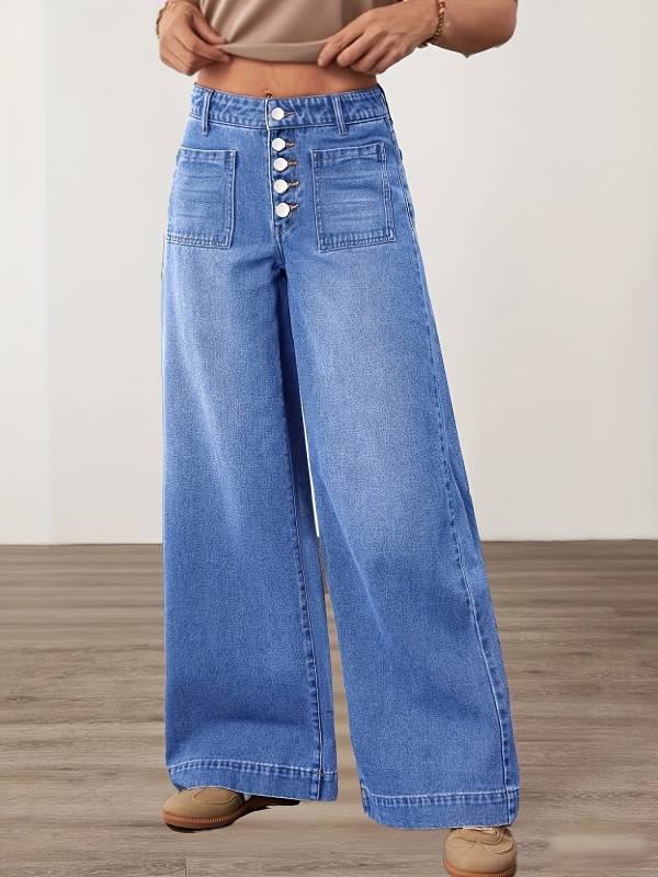 Women's Wide-Leg Jeans Women's Vintage Fashionable High-Waist Button-Front Wide-Leg Jeans - Versatile, Loose and Flowy Look That Lengthens the Legs
