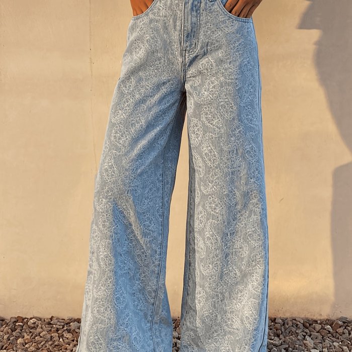 Summer New High-Waist Light Blue Macadamia Flower Wide-Leg Jeans Women'S Printed Design Loose Straight Floor-Length Trousers Versatile Casual Long Pants with Pockets