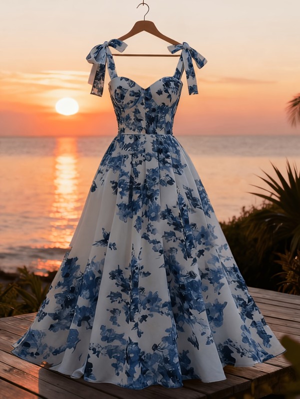 Elegant Romantic Floral Elegant Romantic Women's Floral Print Off-Shoulder Vacation Full-Length Slip Dress