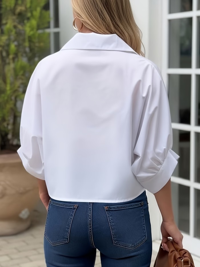 2026 French Elegant Commuter Shirt Women'S Golden Decorative Button Tie-Up Waist Cinched Puff Sleeve Loose Design Statement Blouse