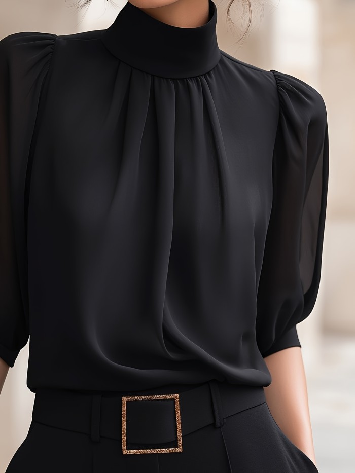 Elegant Chiffon Blouse Women's Elegant High-Neck Chiffon Puff Sleeve Blouse - Summer New Arrival