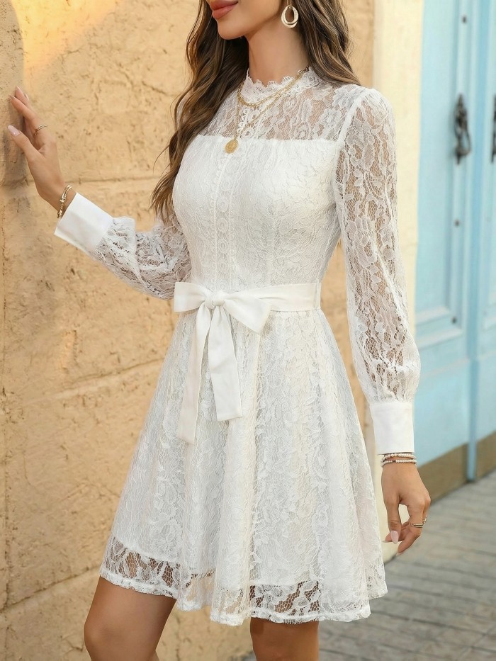 French Elegance Lace Fairycore Dress, Waist-Tie White Mini Dress, Perfect for Dates & Commutes