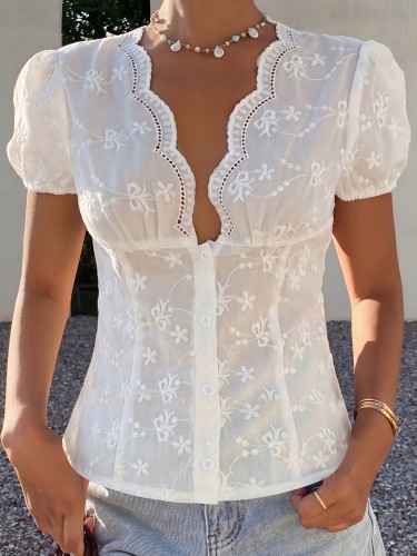 Spring\u002FSummer Embroidered Top, Single Piece, Lantern Sleeve V-Neck Puff Short Sleeve Design, Front Button Waist-Cinching Cropped Fit, Breathable and, Elegant Vintage Style, Casual and Elegant Blouse, Beautiful Shirt Suitable for Dating