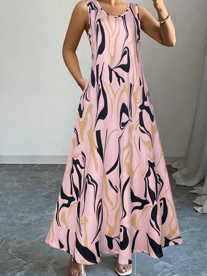Vacation-oriented New Spring\u002Fsummer Abstract Graphic Print Casual Versatile Women's Vest Dress with Pocket Design