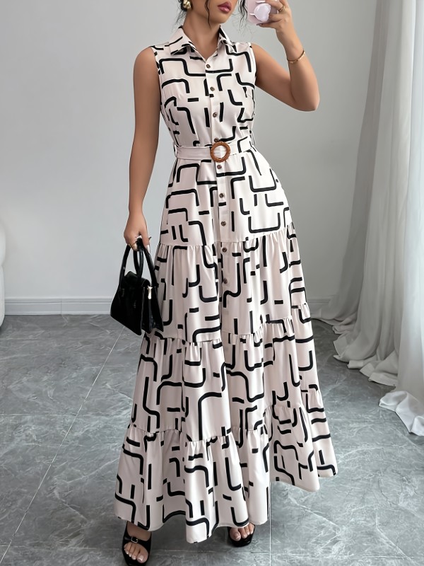 Elegant Geometric Print Elegant Geometric Print | Women's Button-Front Tie-Waist Maxi Dress | Spring\u002FSummer Sleeveless Lapel