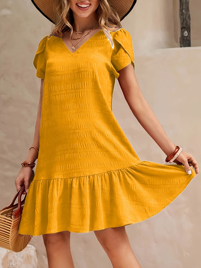 Plain Petal Sleeve Ruffle Hem V-Neck Dress