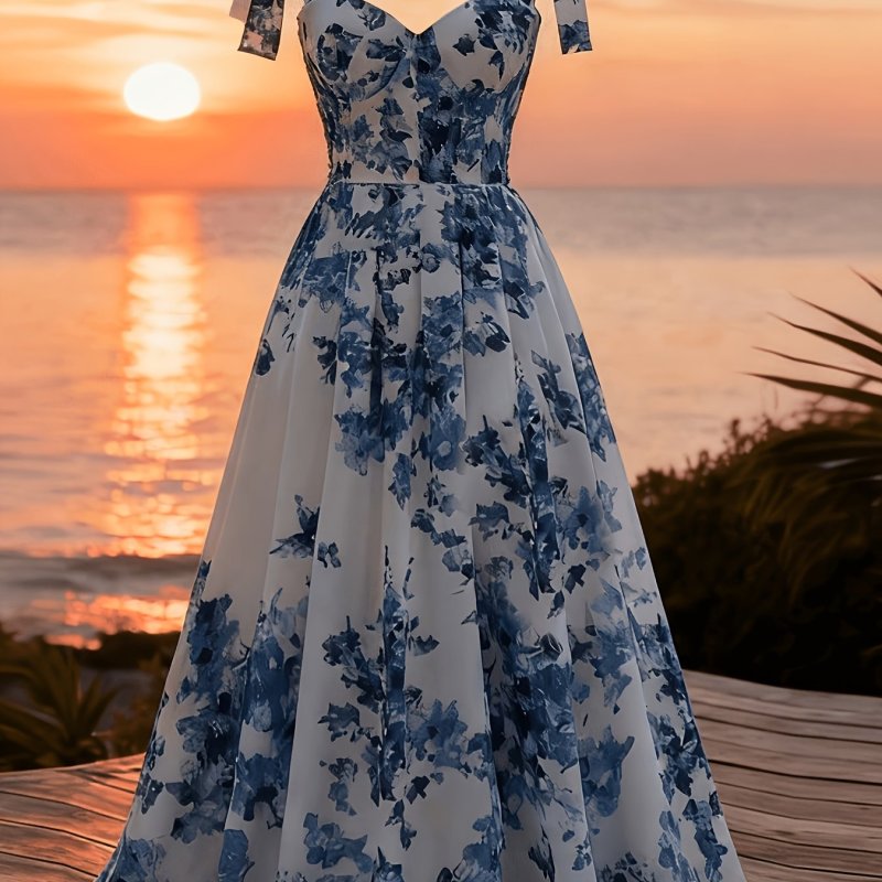 Elegant Romantic Floral Elegant Romantic Women's Floral Print Off-Shoulder Vacation Full-Length Slip Dress