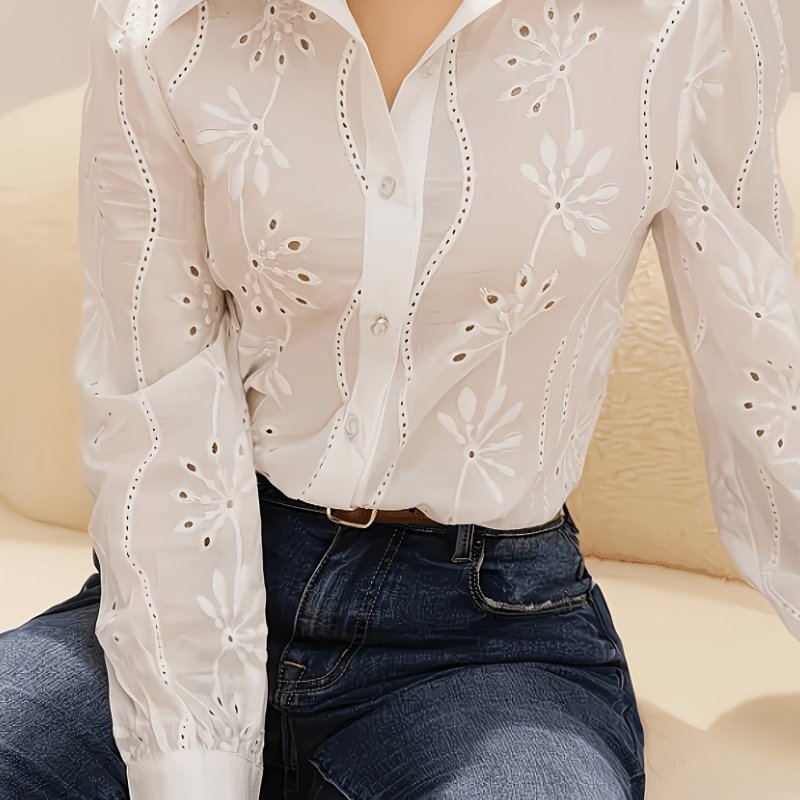 Women'S Shirt, Casual Loose Fit Hollow Out Embroidery Puff Sleeve Open Front Cardigan for Spring Summer And Autumn