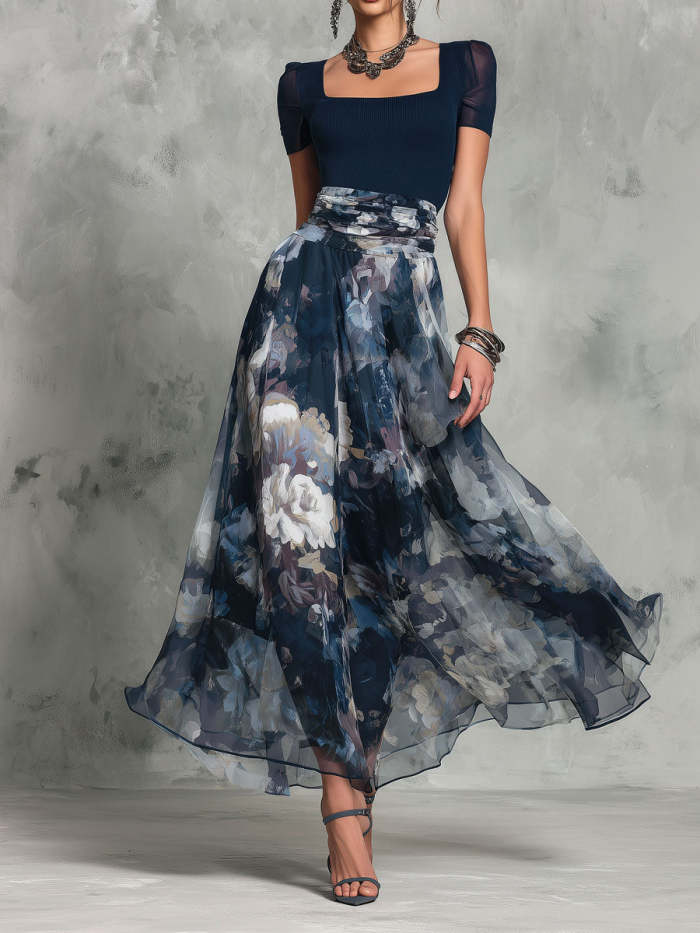 Women's Flowy Skirt With Watercolor Floral Print