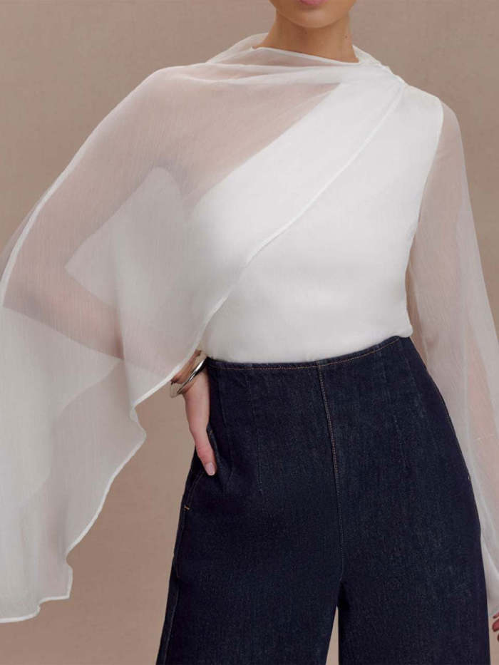 Women's Spring Round-neck Blouse: Elegant Asymmetrical Sheer Long-sleeve Top