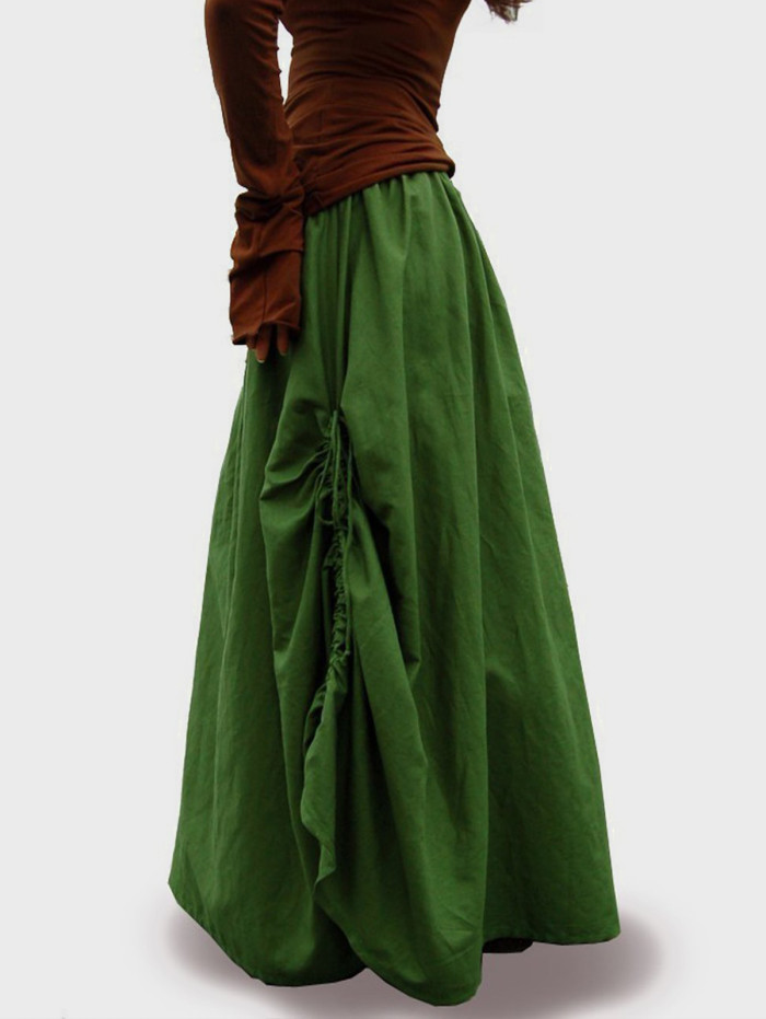 Daily Boho Beads Feather Decor Ruched Solid Maxi Skirt