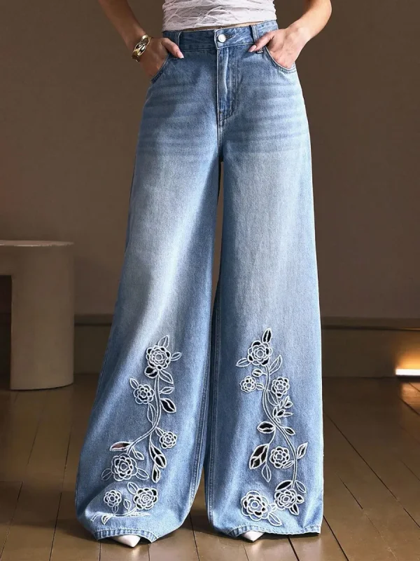 Women's Vintage Floral Pattern Art Print Casual Cotton Denim Jeans