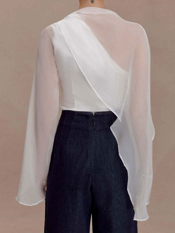 Women's Spring Round-neck Blouse: Elegant Asymmetrical Sheer Long-sleeve Top
