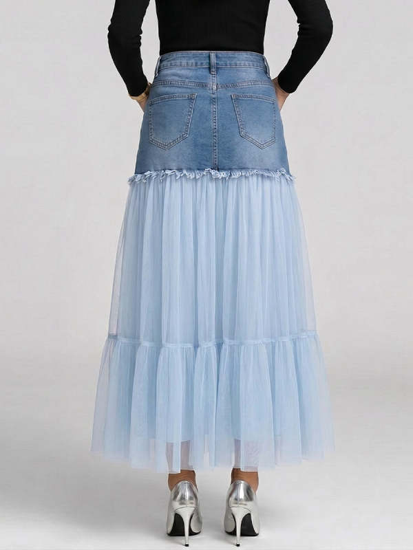 Women's High-waisted Loose-fit Casual Denim-paneled Skirt