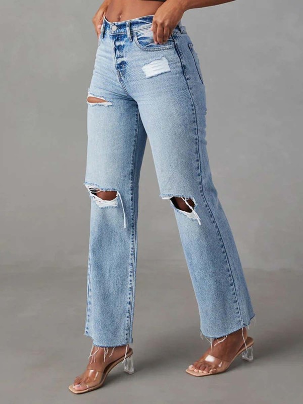 Women's Casual Straight-leg Ripped Jeans