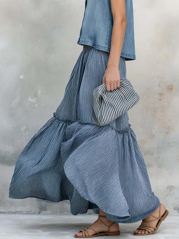 Women's Striped Art Print Casual Stylish Cotton Linen Skirt