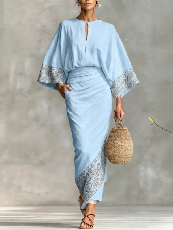 Stylish Casual Two-piece Set: Artistic Print Linen & Cotton Top And Skirt