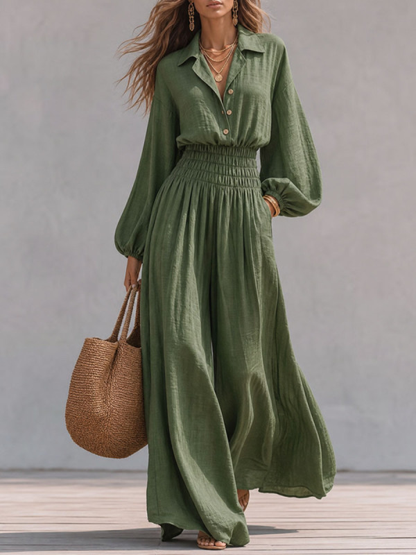 High Waisted Long Sleeves Buttoned Elasticity Pockets Ruched Solid Color Lapel Jumpsuits