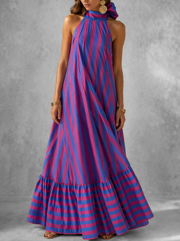 A-line Loose Backless Contrast Color Split-Joint Striped Tiered Halter-Neck Maxi Dresses