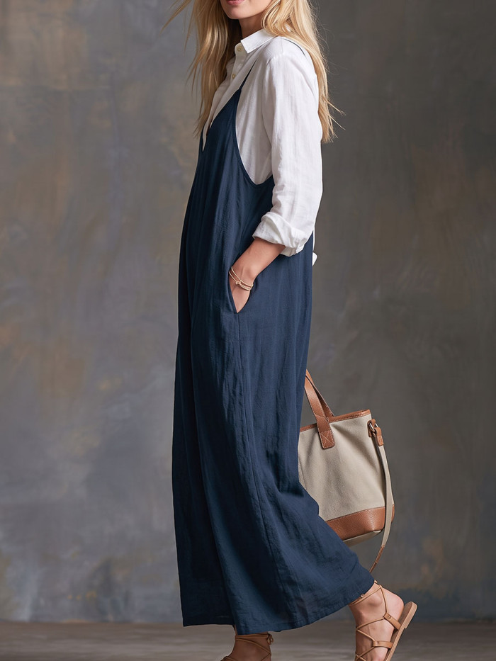Loose Sleeveless Pockets Solid Color Spaghetti-Neck Jumpsuits