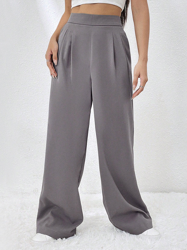 Solid Color Pockets Pleated Elasticity Wide Leg Loose Trousers Pants