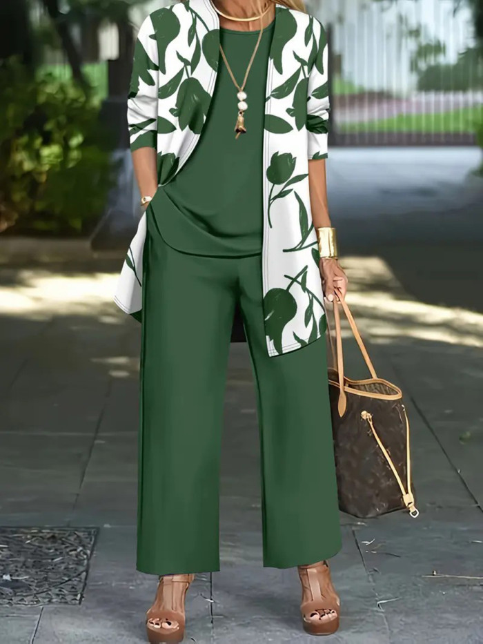 Solid Color Round-neck Sleeveless Tank Top+ Contrast Color Flower Print Outerwear +High Waisted Pockets Pants Trousers Three Pieces Set