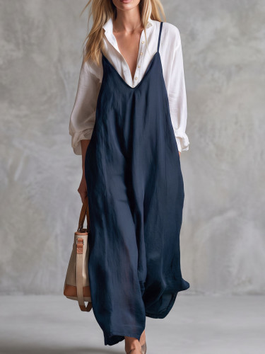 Loose Sleeveless Pockets Solid Color Spaghetti-Neck Jumpsuits