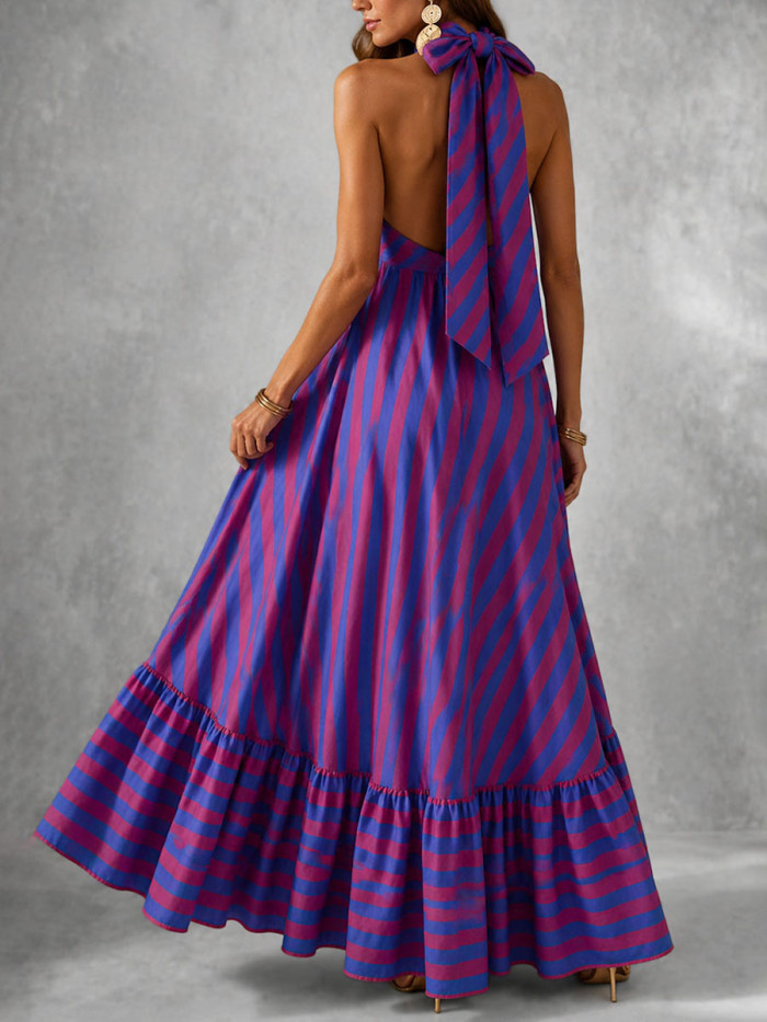 A-line Loose Backless Contrast Color Split-Joint Striped Tiered Halter-Neck Maxi Dresses