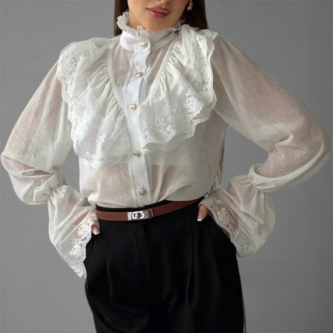 Women's Vintage White Chiffon Ruffled Stand Collar Lace Trim Flare Sleeves Buttons Sheer Blouse