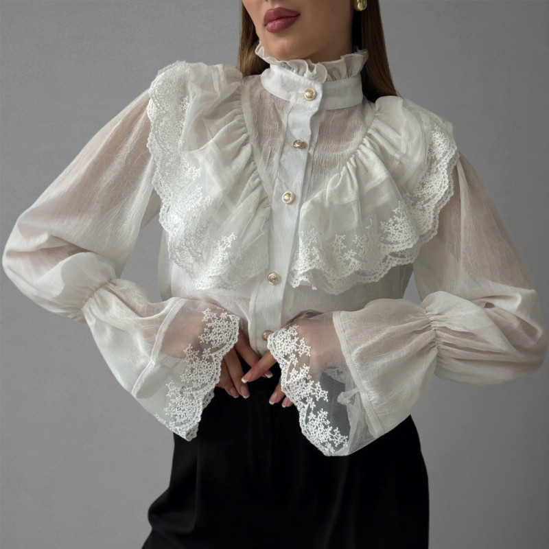 Women's Vintage White Chiffon Ruffled Stand Collar Lace Trim Flare Sleeves Buttons Sheer Blouse