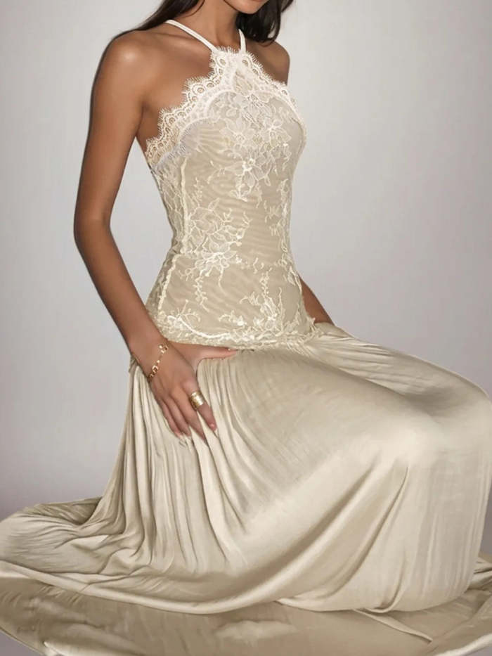 Off-the-Shoulder Floral Lace-Paneled Pleated Maxi Dress