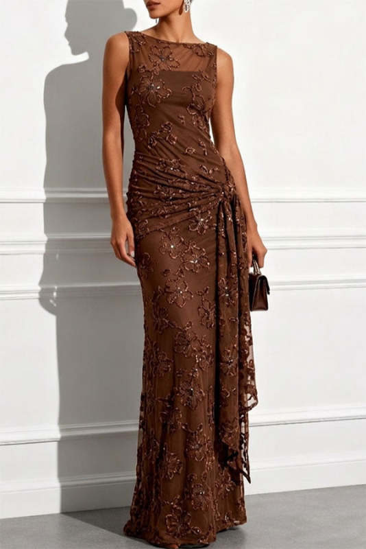 Solana Sequin Jacquard Boat Neck Sleeveless Tie-up Hem Sheath Floor-length Gown Dress