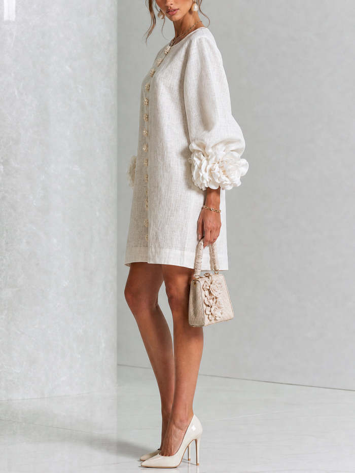 White Floral Button-down Mini Dress With Striking Floral Cuffs