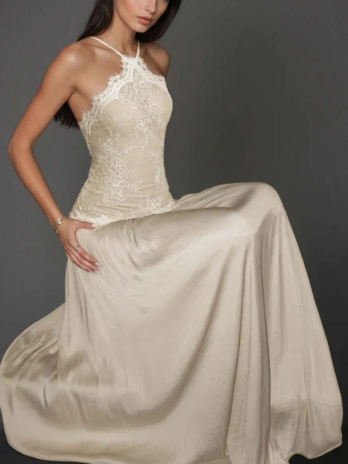 Off-the-Shoulder Floral Lace-Paneled Pleated Maxi Dress