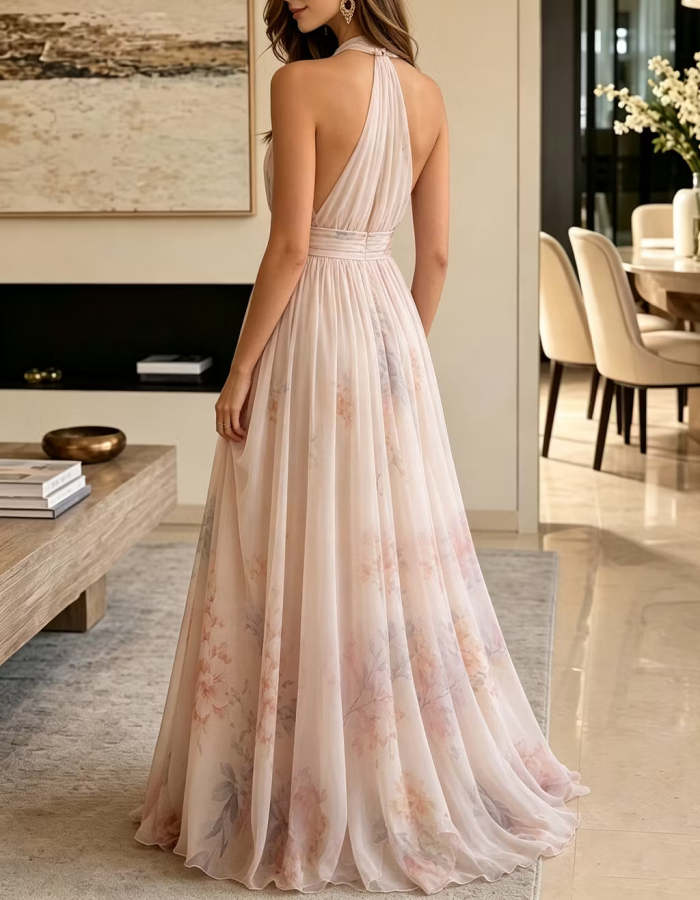 Blush Watercolor Floral Print Halter Chiffon A-Line Maxi Formal Dress