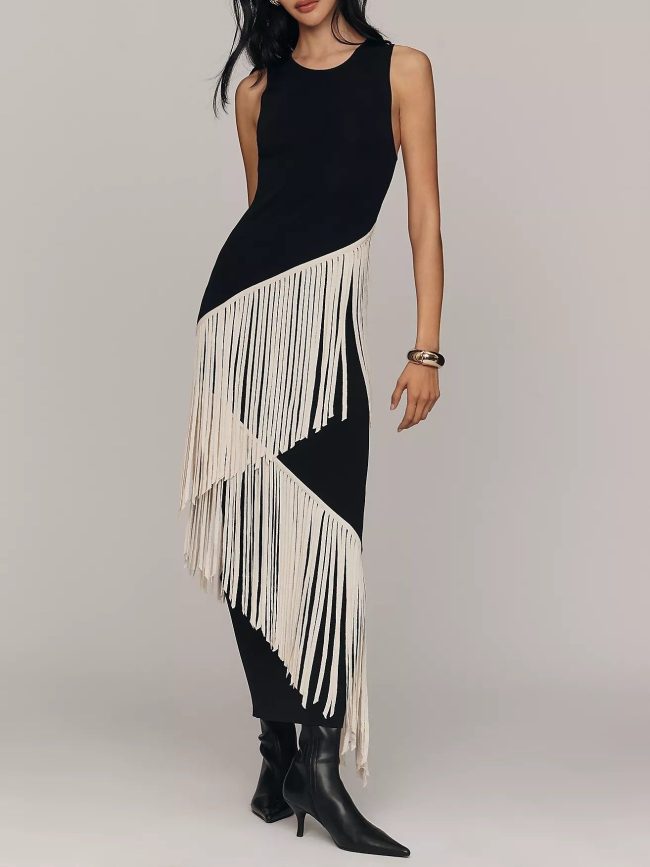 Elegant Asymmetrical Fringe Trim Bodycon Maxi Dress